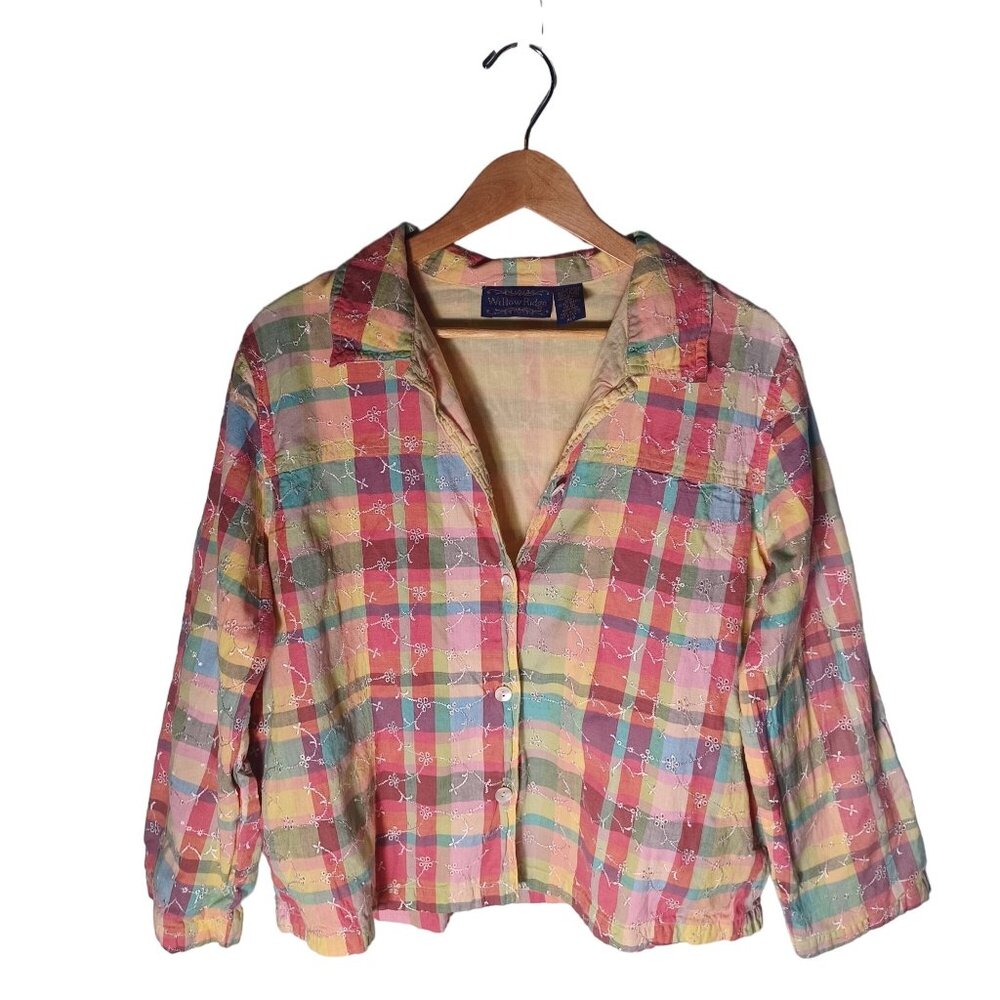 Willow Ridge Jacket Womens X Large P Pastel Plaid Eyelet Rainbow Button Up